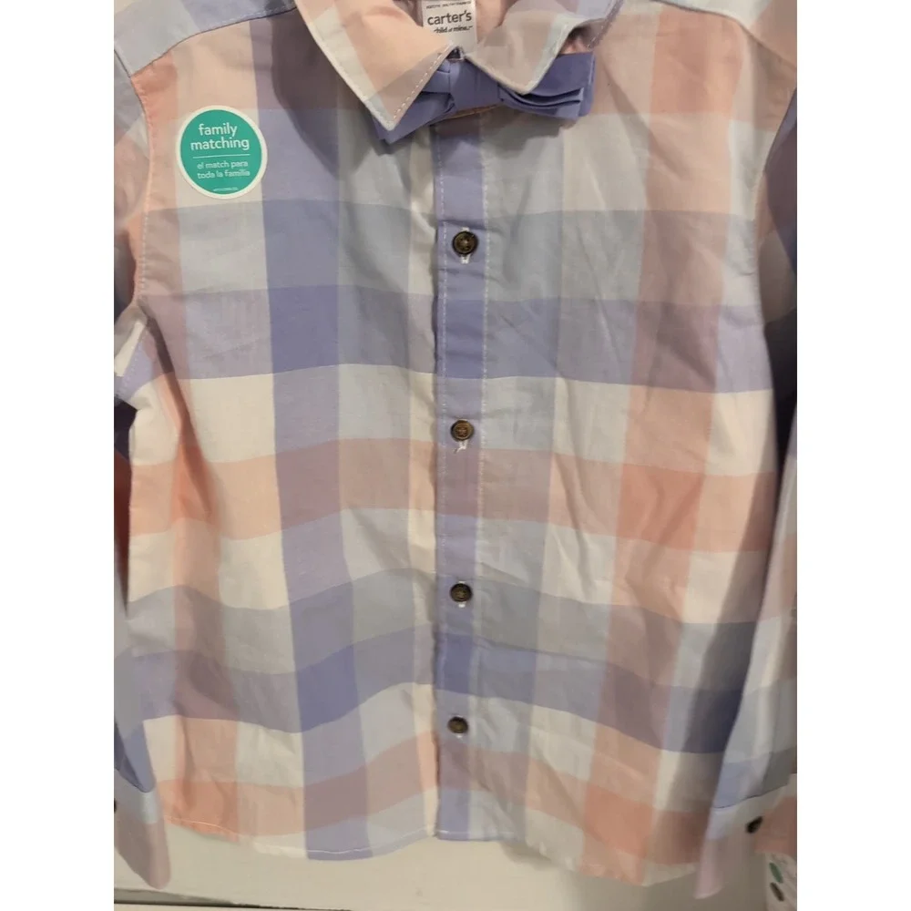New Carter's Boys 5T Pastel Checkered Button Down Dress Shirt &‎ Bowtie